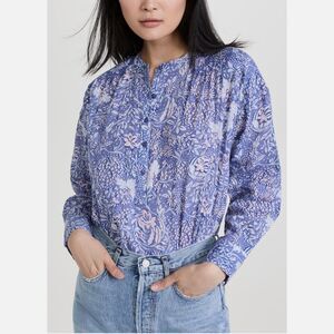 Sundry Top Blouse Shirt Wild Floral Henley Long Sleeve Oversized Chambray Blue S